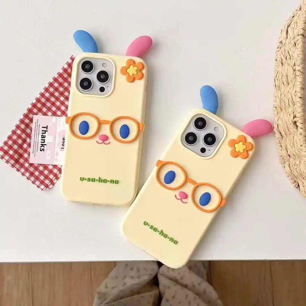Kawaii 3D Cartoon Glasses Flower Rabbit Soft Silicone Phone Case
