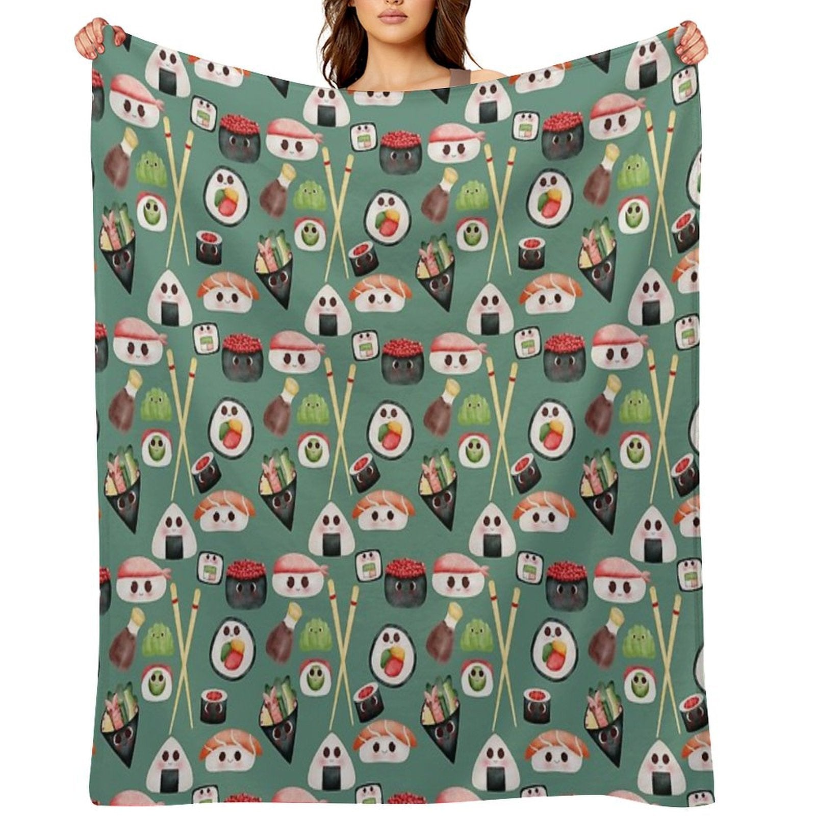 Kawaii Sushi Squad – Cute Japanese Food Illustration Throw Blanket