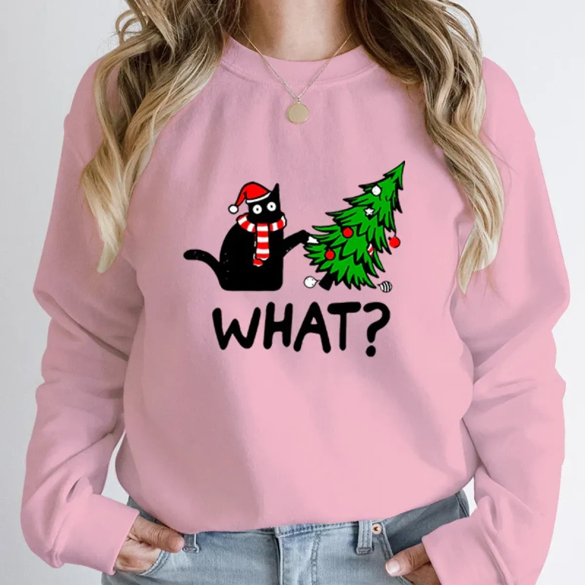 "What?" Black Cat Christmas Tree Sweatshirt