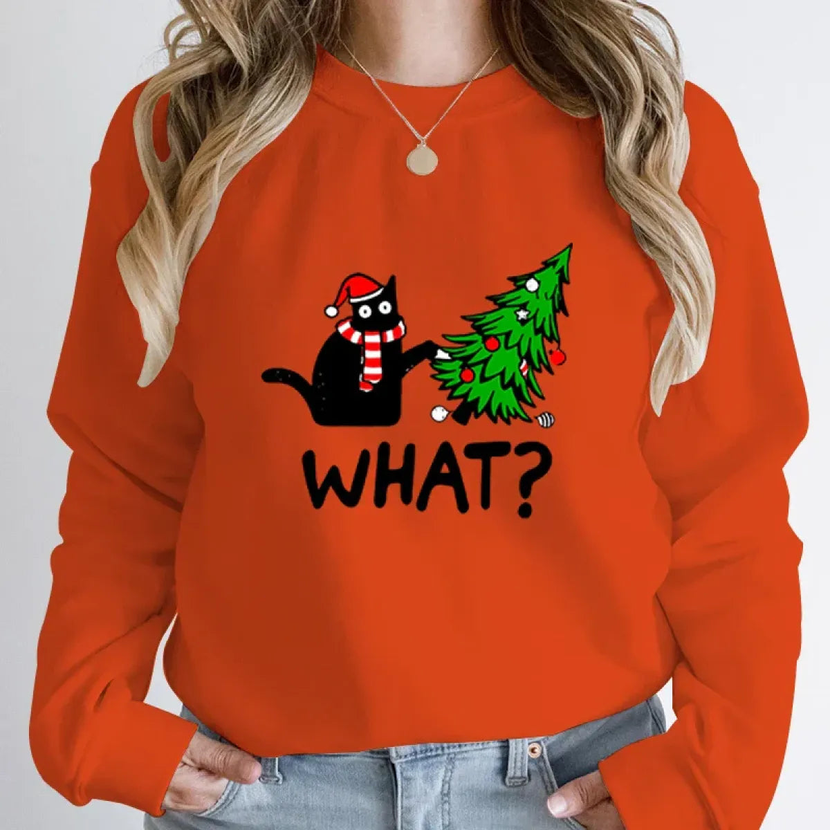 "What?" Black Cat Christmas Tree Sweatshirt