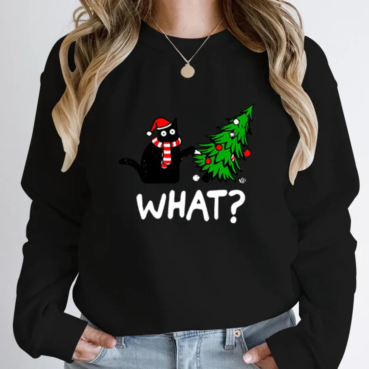 "What?" Black Cat Christmas Tree Sweatshirt