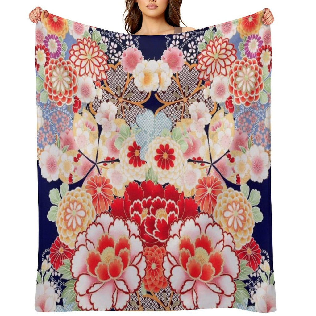 ANTIQUE JAPANESE FLOWERS Pink White Wild Roses Kimono Style Floral Throw Blanket