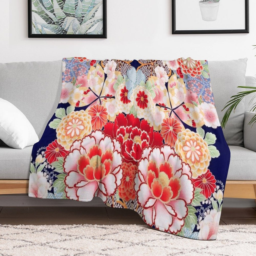 ANTIQUE JAPANESE FLOWERS Pink White Wild Roses Kimono Style Floral Throw Blanket