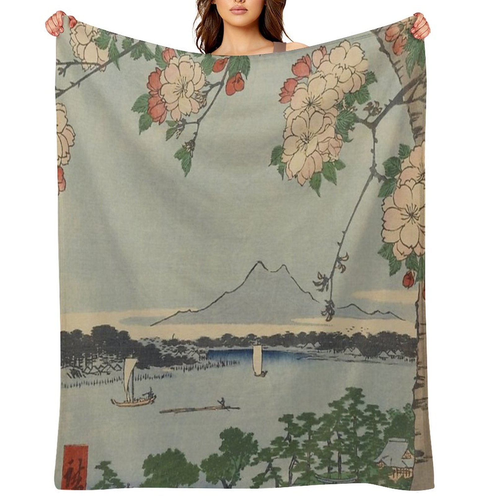 Cherry Blossoms on Spring River Ukiyo-e Japanese Art Throw Blanket