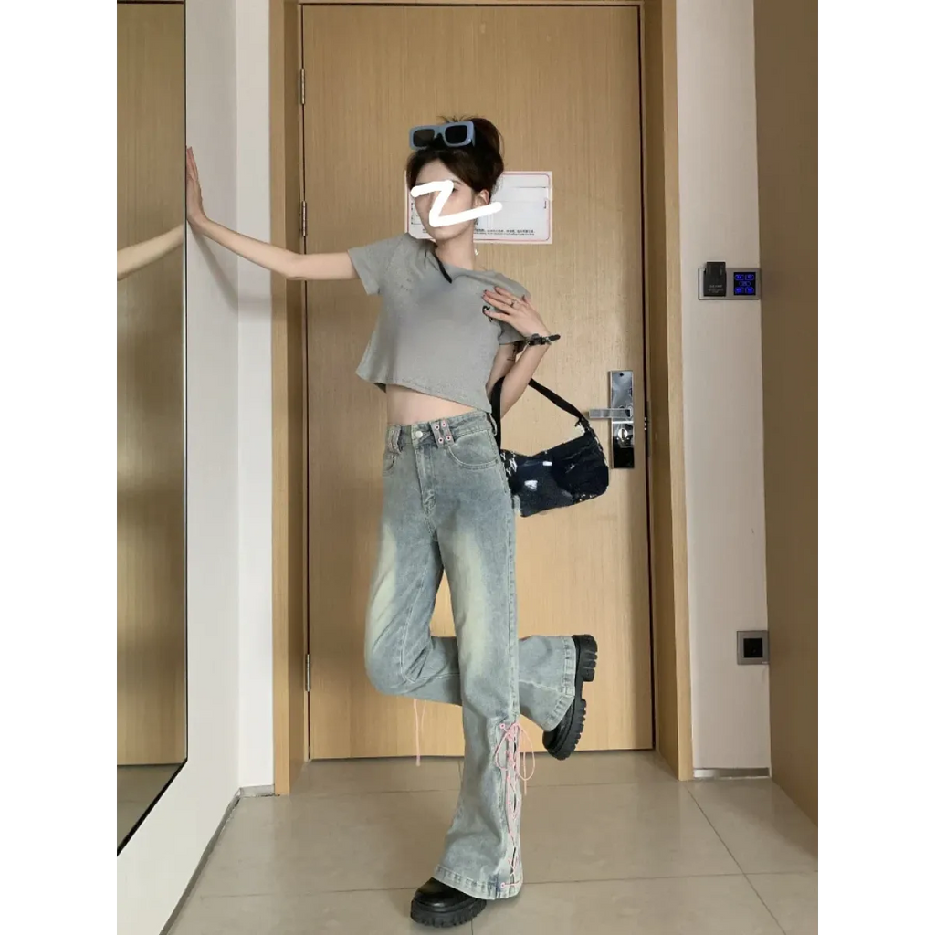 Denim Vintage Harajuku Lace-Up Flare Jeans