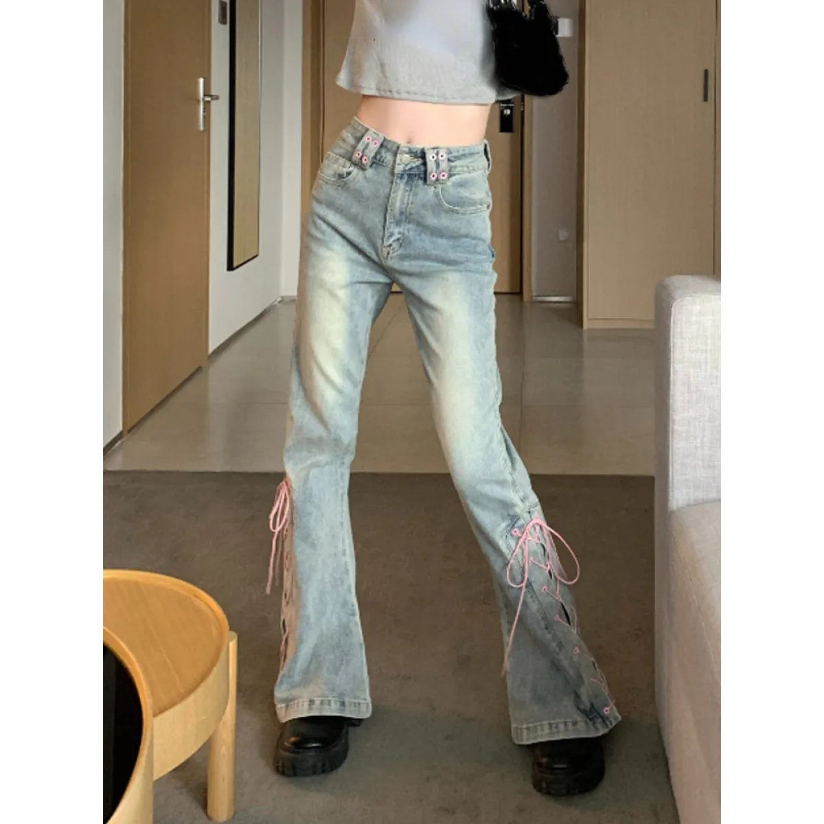 Denim Vintage Harajuku Lace-Up Flare Jeans