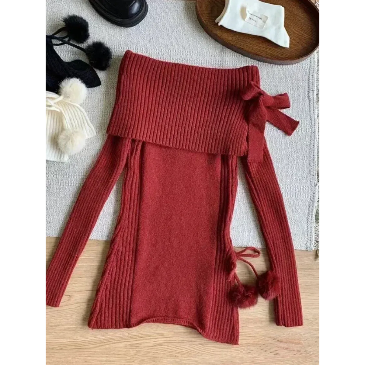 Kawaii Off-Shoulder Knit Lace Set