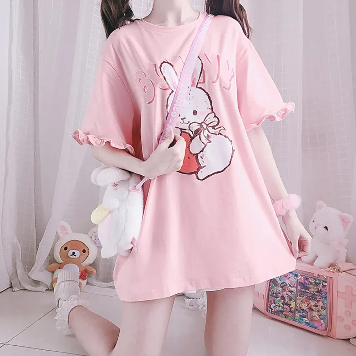 Pink Lolita T-Shirt - Rabbit Print, Ruffled Sleeve Top