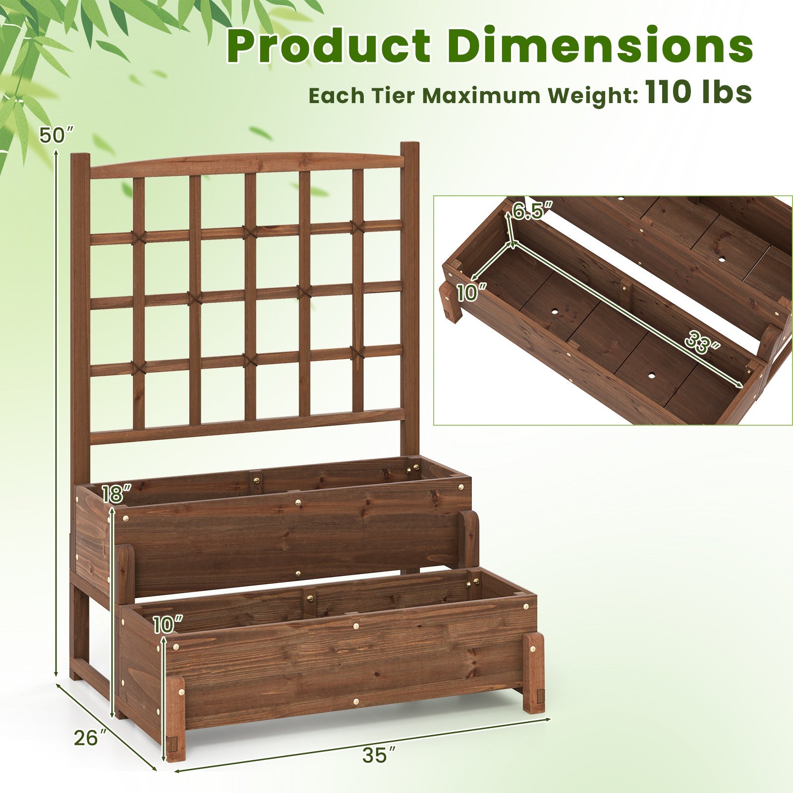 Raised Garden Bed with Trellis 2-tier Wood Planter Box with Drainage Holes-Rustic Brown