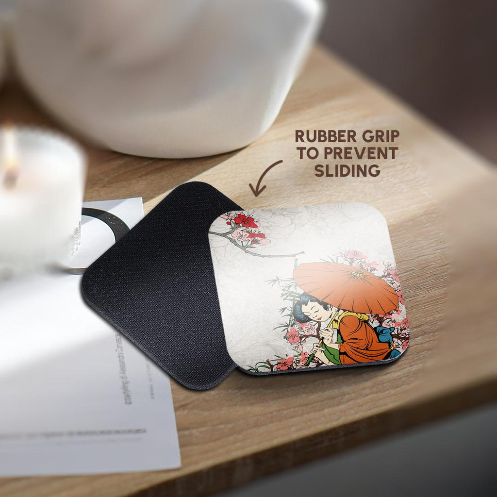 3dRose Dooni Designs Oriental Inspired Designs - Lovely Japanese Geisha with Umbrella and Sakura Cherry Blossom Flowers Illustration - Coasters