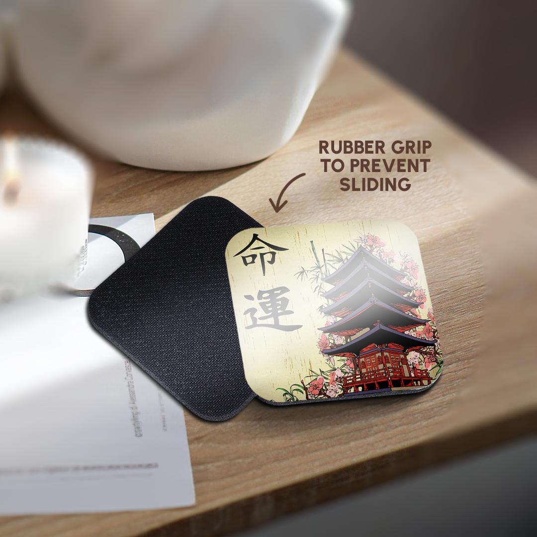 3dRose Dooni Designs Oriental Inspired Designs - Beautiful Japanese Pagoda with Pink Sakura and Bamboo Destiny Luck Kanji Symbols Asian Design - Coasters (CST_116193)