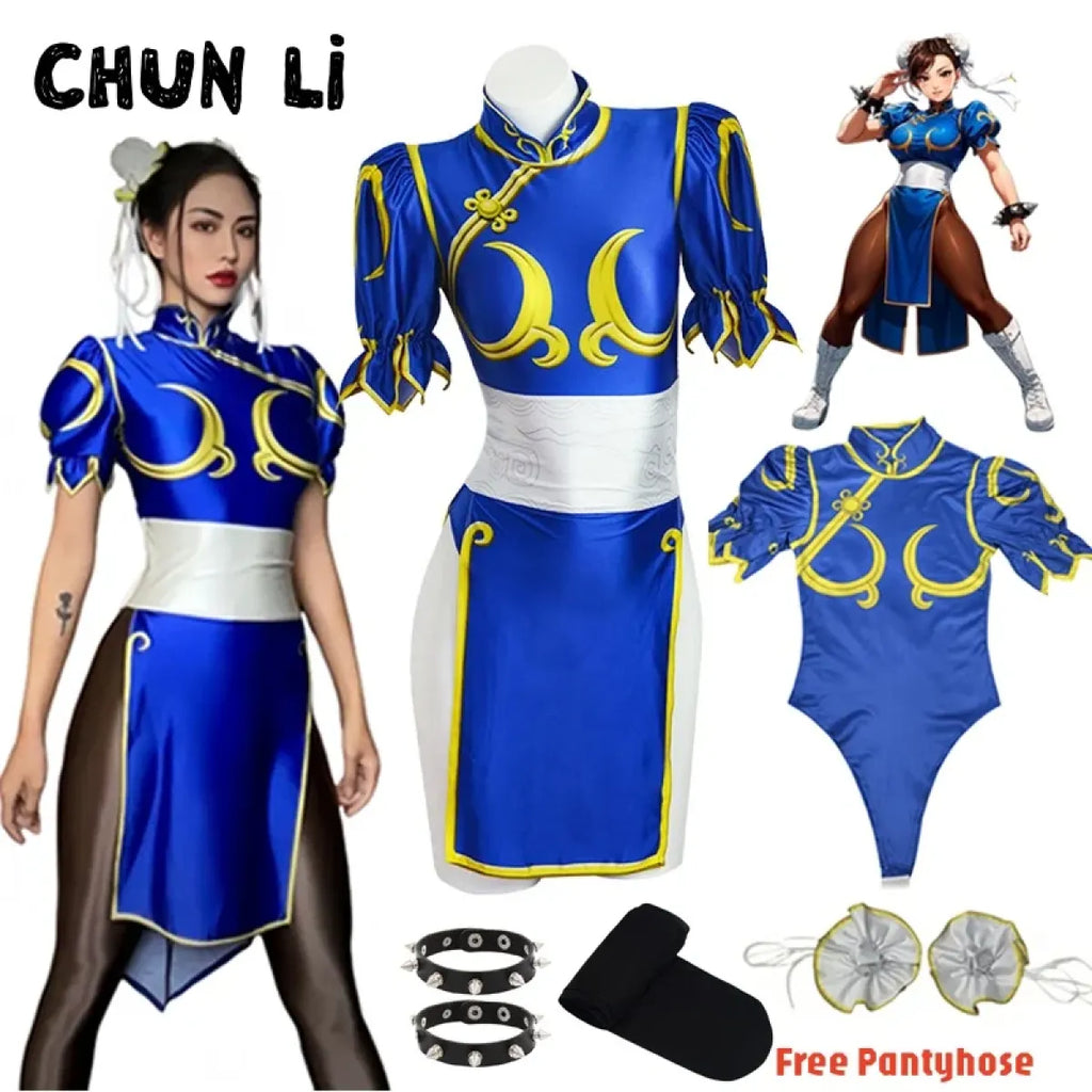 Chun Li Cosplay Costume – Street Fighter Blue Cheongsam Set with Headdress