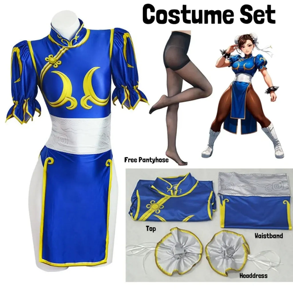 Chun Li Cosplay Costume – Street Fighter Blue Cheongsam Set with Headdress
