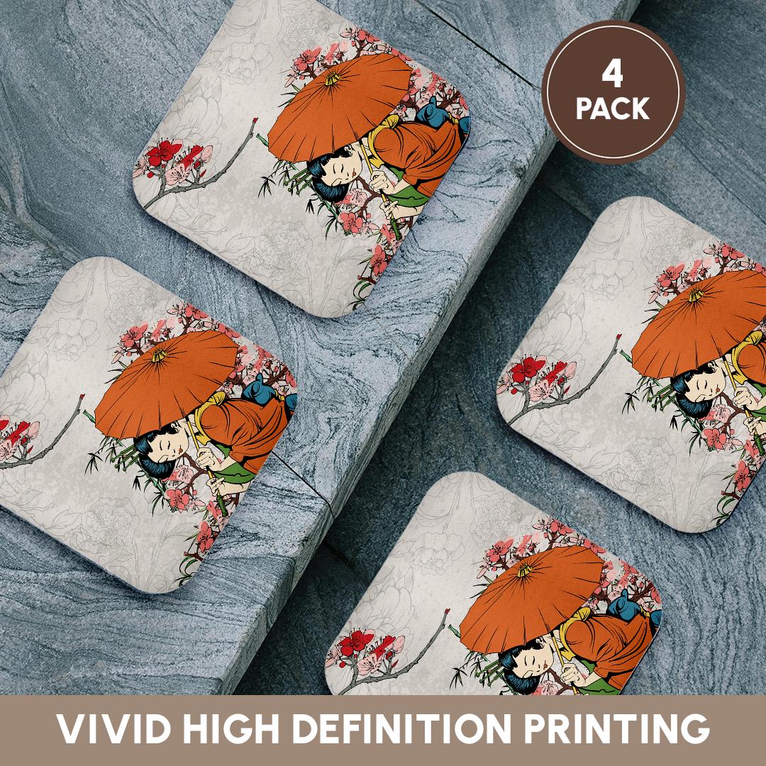 3dRose Dooni Designs Oriental Inspired Designs - Lovely Japanese Geisha with Umbrella and Sakura Cherry Blossom Flowers Illustration - Coasters